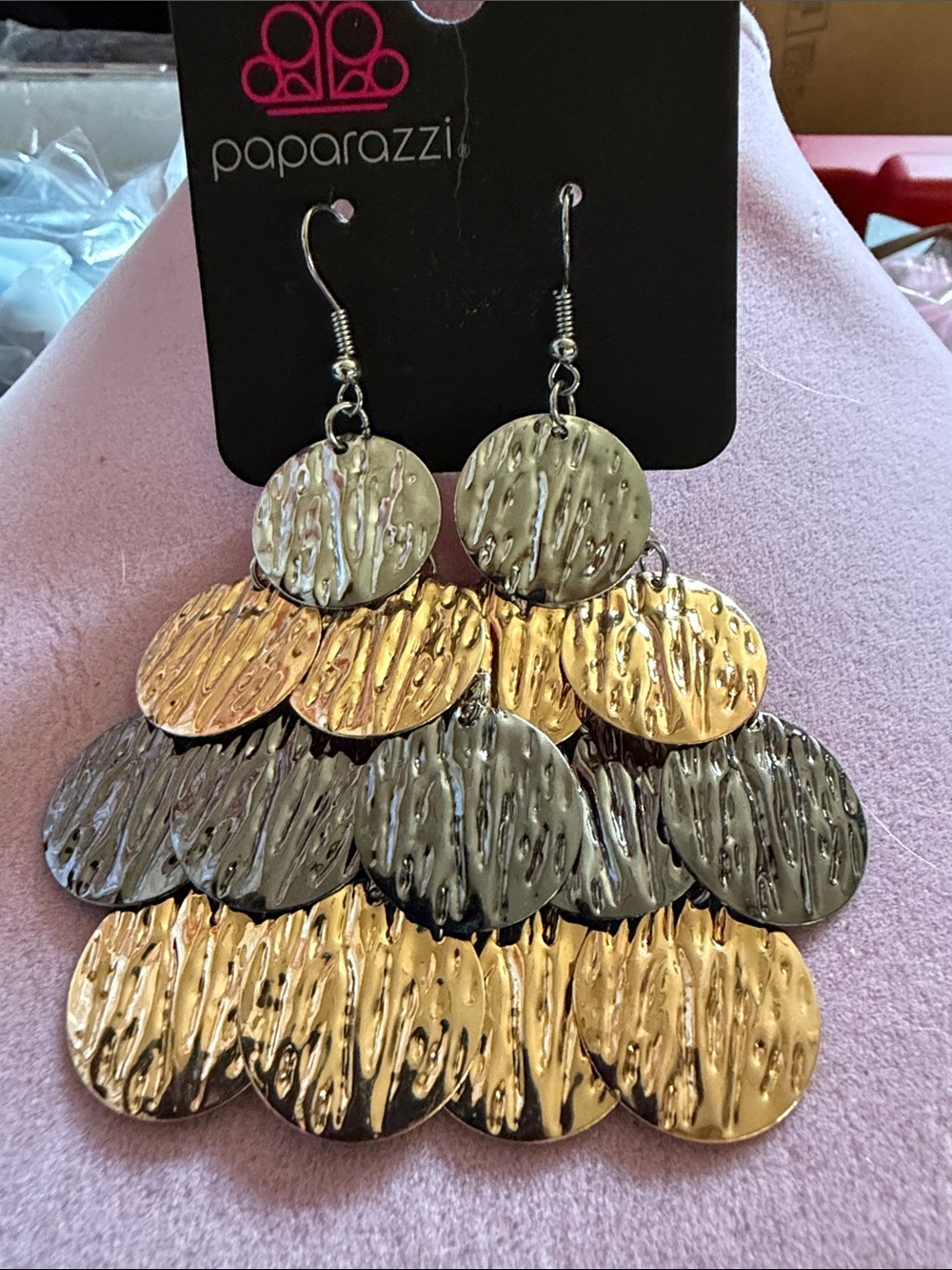 paparazzi Copper, Silver, Gunmetal tone Layered Disc 3” Drop Earrings. (J0295)